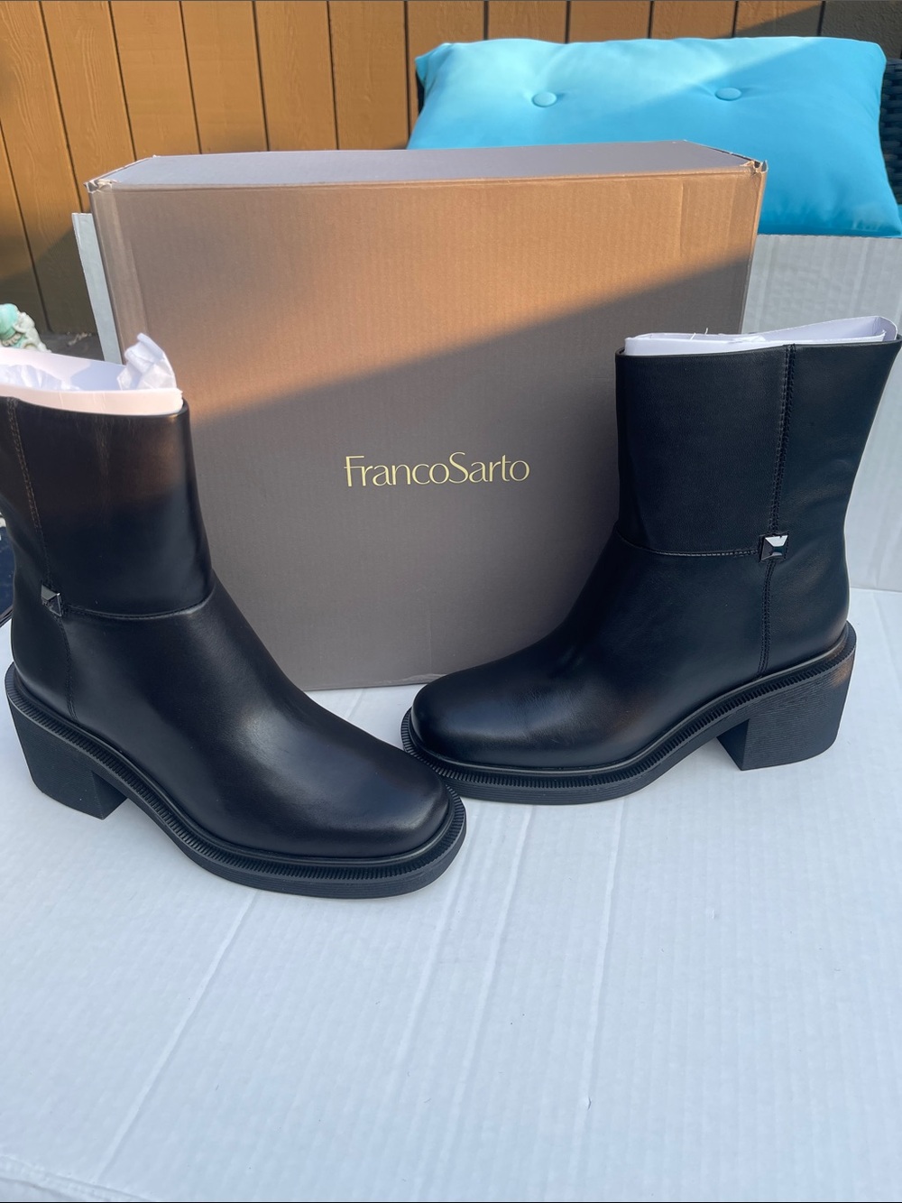 Franco Sarto Black Leather Ankle Booties with Block Heel